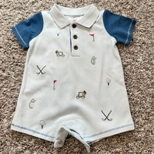 Mud Pie Baby Golf Pique Scruffy Romper 3-6 Months Golf Cart Embroidered